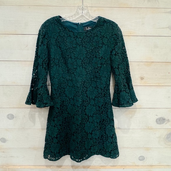 Lulus Favorite Flair Forest Green Lace Flounce Sleeve Dress ❤️ - Picture 6 of 7